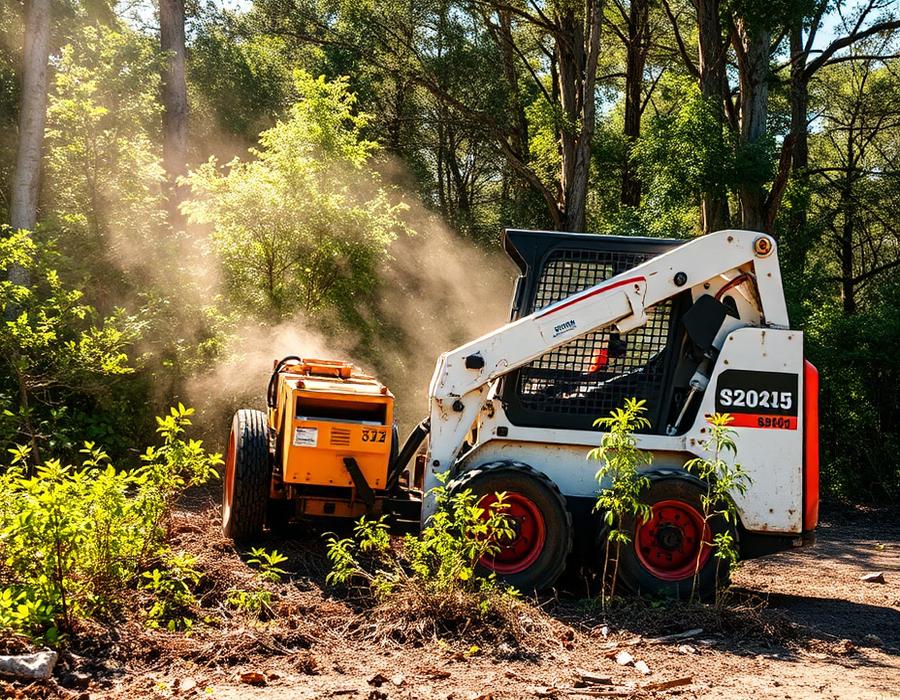 Compact loader clearing brush on an overgrown lot near Odessa, Florida