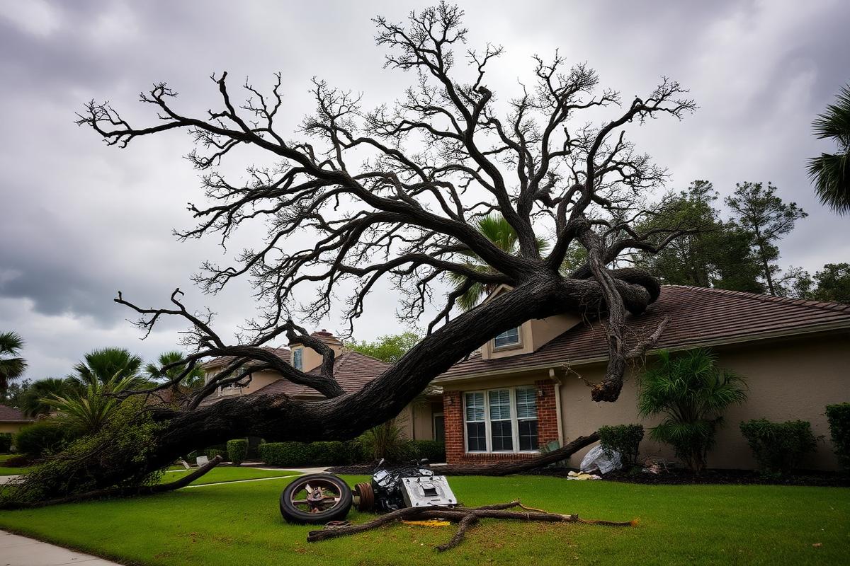 Storm-damaged oak tree fallen onto the roof of a Florida home