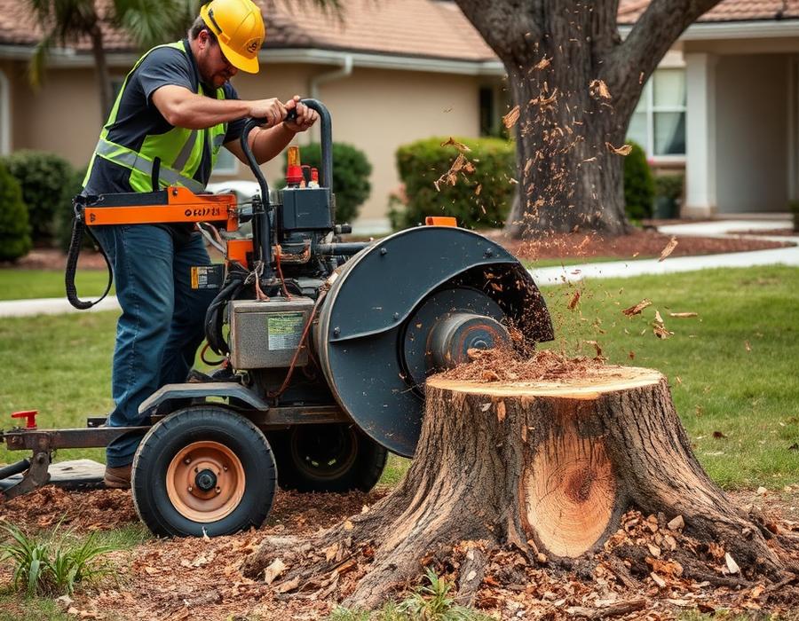 Stump grinder removing a tree stump in a Tampa Bay residential yard